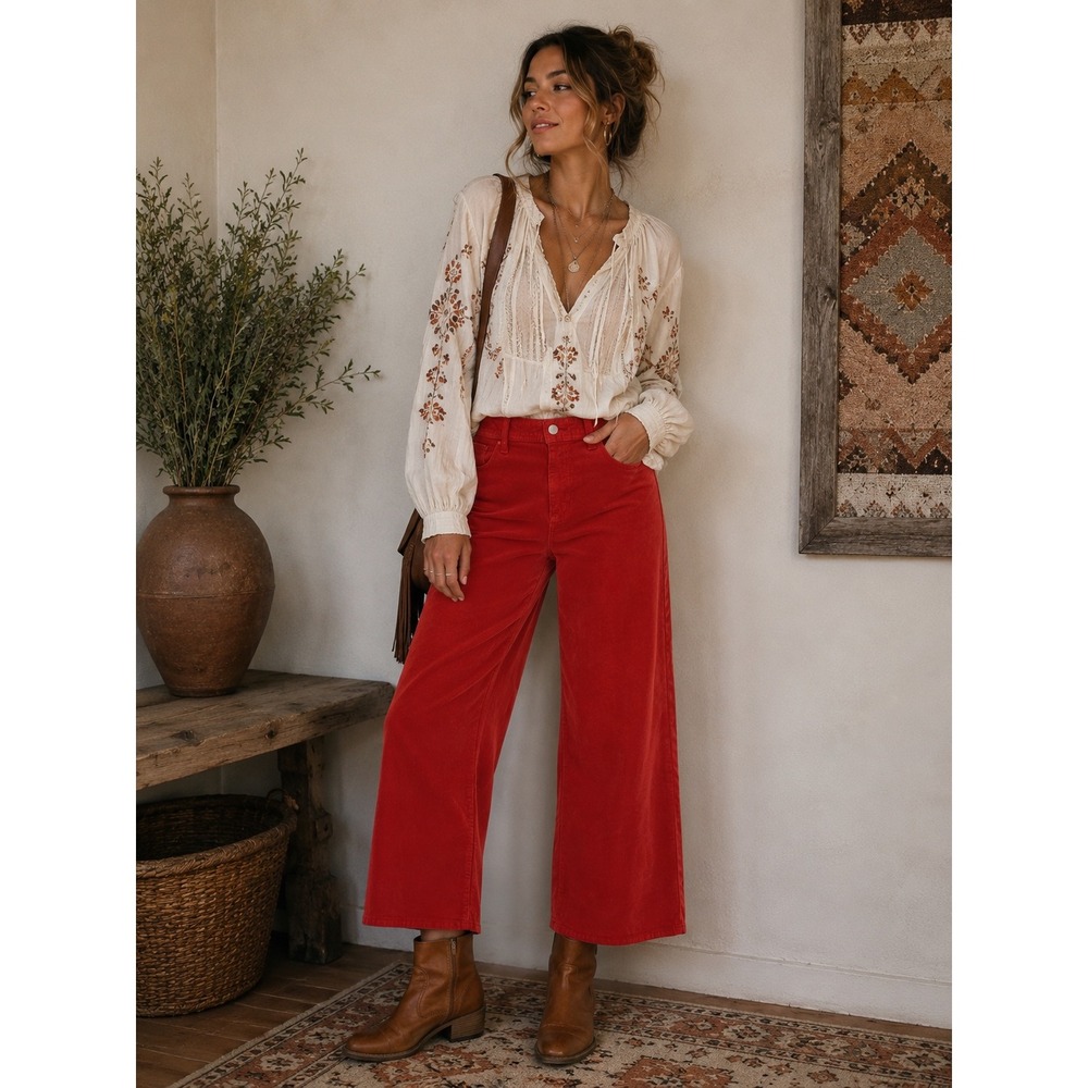 Universal Thread Red Corduroy Wide Leg Crop High Rise Pants Womens Size 6R